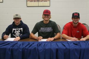 Wallace State baseball sophomores, from left, Chris Blakey, Landon Hughes and Chad Smith recently signed with four-year programs. Blakey signed with UNA, Hughes with Georgia Southern and Chad Smith with Ole Miss.