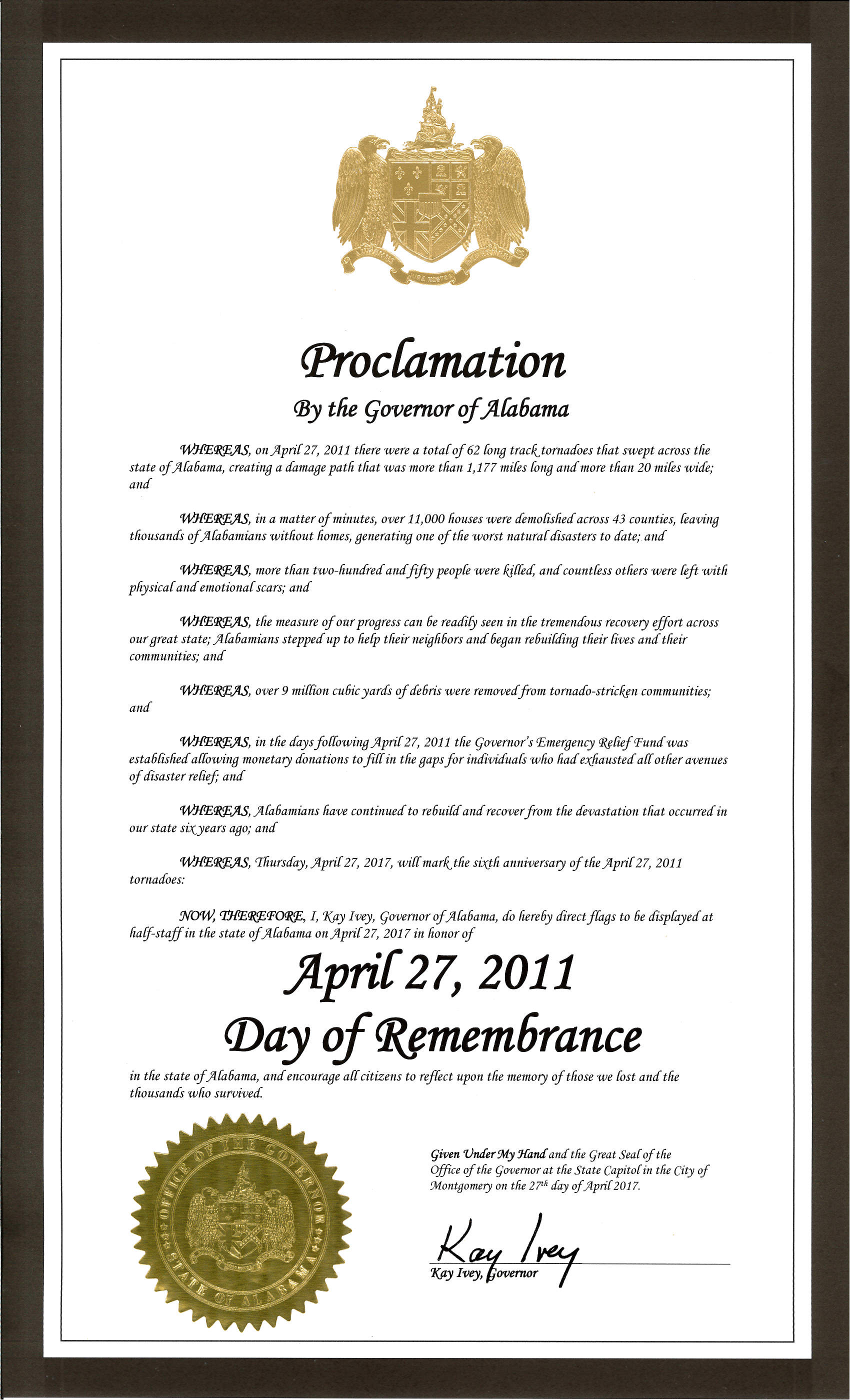 Gov. Ivey declares April 27, 2017, “A Day of Remembrance,” orders flags to half-staff State of Alabama