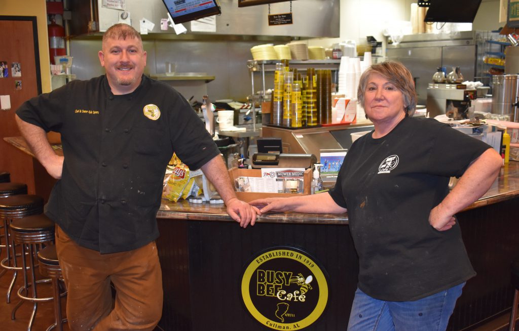 Current generation owners Kyle and Kitty Spears finish up another busy day at the Bee. (W.C. Mann for The Cullman Tribune)