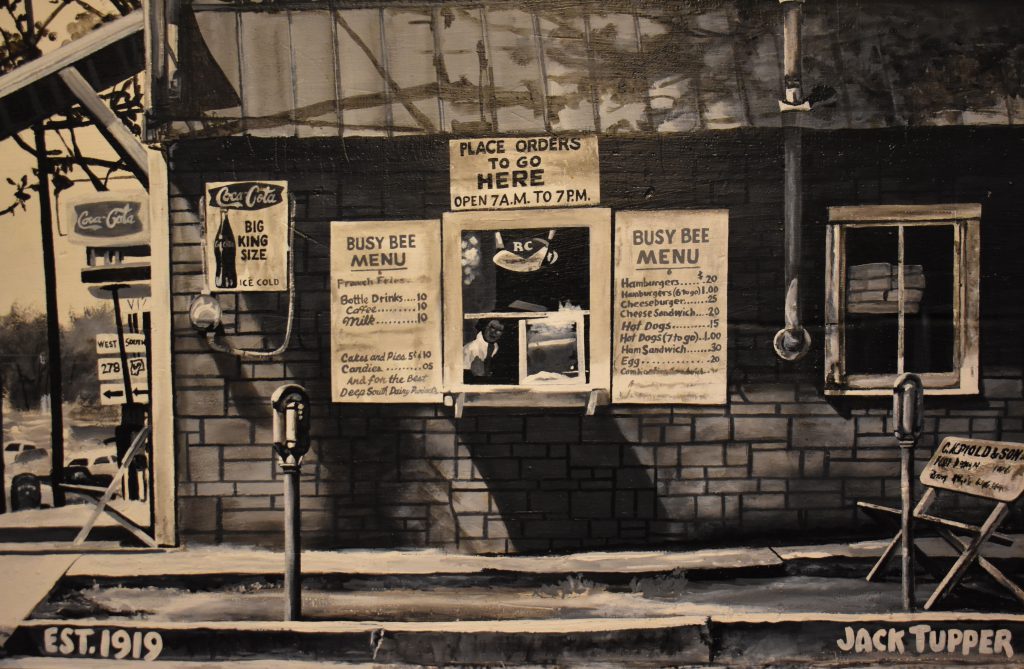 A painting of the original Busy Bee by local artist Jack Tupper hangs in the dining area.