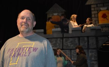 Cullman County Schools breaks new ground with theater production What happens when you pass out the swords and turn your back! Fairview Theatre Director Mark Dobbs with some of his “Sleeping Beauty” cast members.