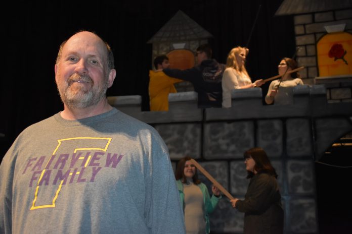 What happens when you pass out the swords and turn your back!  Fairview Theatre Director Mark Dobbs with some of his “Sleeping Beauty” cast members. 