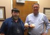 Cullman City Hall sees hail…sort of Tribune reporter W.C. Mann presenting 3D printed hailstone models to Mayor Woody Jacobs Thursday afternoon.