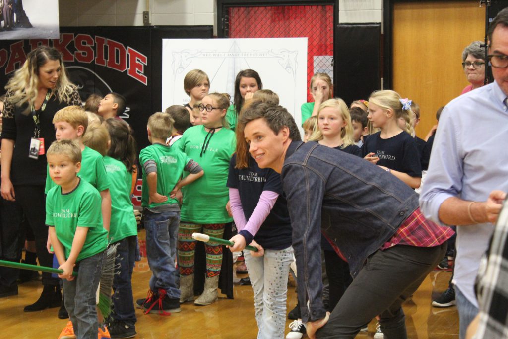Academy Award-winning actor Eddie Redmayne was one of the cast of “Fantastic Beasts: The Crimes of Grindelwald” who visited Parkside School in Baileyton on Nov. 1, 2018. A group of Parkside teachers and a local artist transformed a middle school hallway into the halls of Hogwarts School over the last two years. (Christy Perry for The Cullman Tribune)