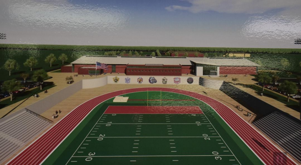 An artist’s conception of the football field and multi-use indoor complex.