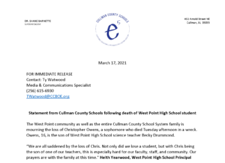 Statement from Cullman County Schools following death of West Point High School student