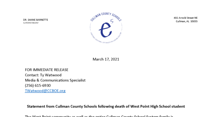 Statement from Cullman County Schools following death of West Point High School student