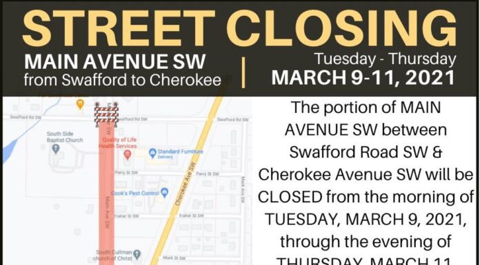Portion of Main Ave SW will be closed March 11