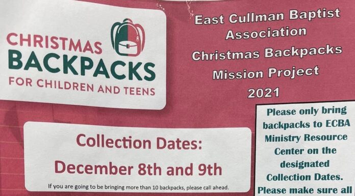 East Cullman Baptist Association collecting backpacks for Christmas donation event Dec. 8-9