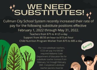 Substitutes needed immediately for Cullman City and County Schools