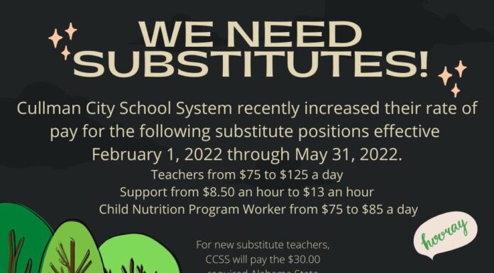 Substitutes needed immediately for Cullman City and County Schools
