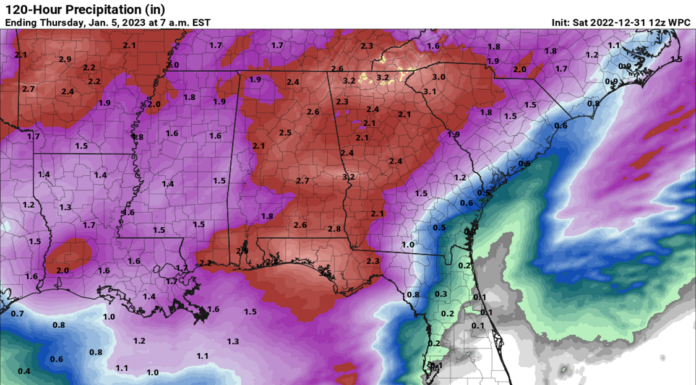 Rain today, patchy dense fog tonight into Sunday, and potential severe storms Tuesday