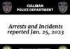 Arrests and Incidents reported Jan. 25, 2023