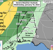 A line of showers and thunderstorms will enter northwestern Alabama between 10 pm tonight and 2 am Thursday
