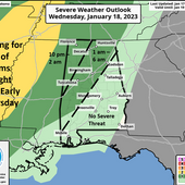 A line of showers and thunderstorms will enter northwestern Alabama between 10 pm tonight and 2 am Thursday