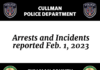 Arrests and Incidents reported Feb. 1, 2023