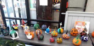 Painted pumpkins on display at library