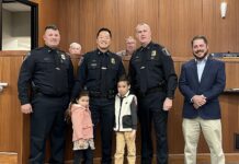 Cullman City Council, CPD announce promotions, new patrol major Intae Suh was promoted to major of investigation. Left to right are Assistant Chief Brandon Patterson, Taisley Suh, Major Intae Suh, Torrin Suh, Chief Joey Duncan and Councilman Brad Smith. (W.C. Mann for The Cullman Tribune)