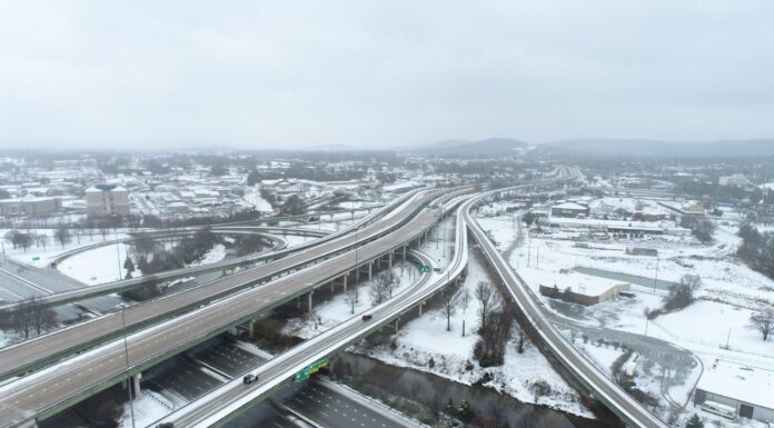 ALDOT prepares for snow and sleet in north Alabama The interchange of I-565 and Memorial Parkway in Huntsville during a previous snow event in January. (ALDOT)