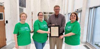 Jacobs proclaims May 31 ‘Relay For Life Day’ in Cullman Left to right are Linda Walker, Rebekah Cash, Cullman Mayor Woody Jacobs and Michelle Schlosser. (Mary Beth Sellers)