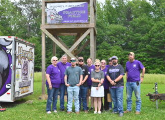 ‘He embodied service, support and love for all of our students’: Hanceville band dedicates field to Rodney Buckelew Left to right are Racheal Buckelew, Nickey Buckelew, Colton Buckelew, Karson Buckelew, Emma Buckelew, Lacie Buckelew, Veronica Wallace, Jon Sharp, Jesse James and Jeremy Buckelew with the new unveiled banner at the Rodney Buckelew practice field on Friday, May 16, 2025. (Nick Griffin)