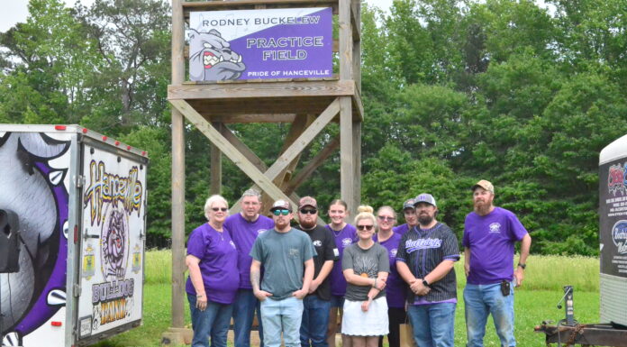 ‘He embodied service, support and love for all of our students’: Hanceville band dedicates field to Rodney Buckelew Left to right are Racheal Buckelew, Nickey Buckelew, Colton Buckelew, Karson Buckelew, Emma Buckelew, Lacie Buckelew, Veronica Wallace, Jon Sharp, Jesse James and Jeremy Buckelew with the new unveiled banner at the Rodney Buckelew practice field on Friday, May 16, 2025. (Nick Griffin)