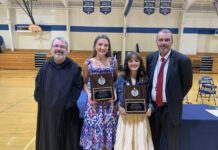 Saint Bernard’s McBride, Kerber win Fr. Luke Fazi Award Fr. Linus Kluscarits, school chaplain; Abigail McBride; Madilyn Kerber; and Tim Burleson, athletic director (Saint Bernard Prep)
