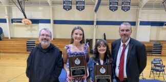 Saint Bernard’s McBride, Kerber win Fr. Luke Fazi Award Fr. Linus Kluscarits, school chaplain; Abigail McBride; Madilyn Kerber; and Tim Burleson, athletic director (Saint Bernard Prep)