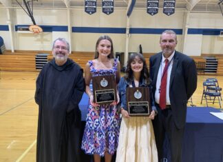 Saint Bernard’s McBride, Kerber win Fr. Luke Fazi Award Fr. Linus Kluscarits, school chaplain; Abigail McBride; Madilyn Kerber; and Tim Burleson, athletic director (Saint Bernard Prep)