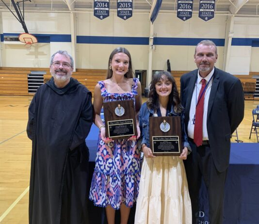 Saint Bernard’s McBride, Kerber win Fr. Luke Fazi Award Fr. Linus Kluscarits, school chaplain; Abigail McBride; Madilyn Kerber; and Tim Burleson, athletic director (Saint Bernard Prep)