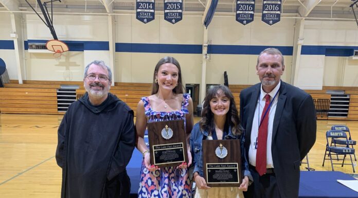 Saint Bernard’s McBride, Kerber win Fr. Luke Fazi Award Fr. Linus Kluscarits, school chaplain; Abigail McBride; Madilyn Kerber; and Tim Burleson, athletic director (Saint Bernard Prep)