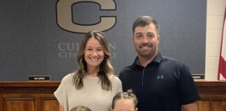 PREP SOFTBALL: ‘This is where I feel like God led me’: Drew Bryson returning to Cullman to lead Bearcats softball team Samantha Bryson and Drew Bryson with their daughters Hadley and Bryleigh at the Wednesday, May 21, 2025, Cullman City School Board meeting (Nick Griffin)