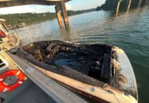Mississippi woman injured in boat fire on Smith Lake A passenger on this boat was injured Sunday, July 6, when the boat caught fire on Smith Lake. (ALEA)