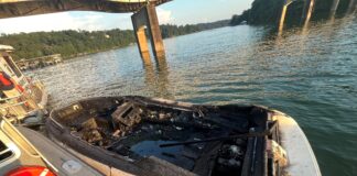 Mississippi woman injured in boat fire on Smith Lake A passenger on this boat was injured Sunday, July 6, when the boat caught fire on Smith Lake. (ALEA)