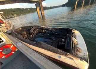 Mississippi woman injured in boat fire on Smith Lake A passenger on this boat was injured Sunday, July 6, when the boat caught fire on Smith Lake. (ALEA)
