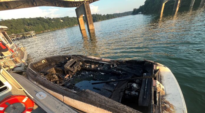 Mississippi woman injured in boat fire on Smith Lake A passenger on this boat was injured Sunday, July 6, when the boat caught fire on Smith Lake. (ALEA)