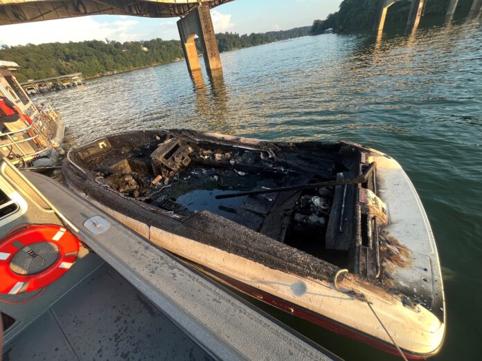 A passenger on this boat was injured Sunday, July 6, when the boat caught fire on Smith Lake. (ALEA)