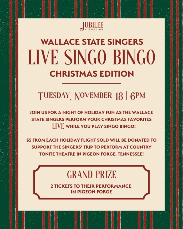 Jubilee Kitchen and Bar will host a Singo Bingo night on Nov. 18, at 6 p.m. as a fundraiser for the Wallace State Singers. (Jubilee Kitchen and Bar)