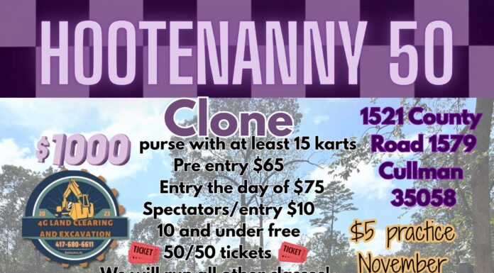 P and G Speedway to host Hootenanny 50 Nov. 15 P and G Speedway is set to host the Hootenanny 50 on Nov. 15, featuring a full day of dirt kart racing, family activities and award-winning barbecue from Hootenanny BBQ. Gates will open at 3 p.m. on race day with drivers meeting at 5 p.m. with qualifying to follow. A practice day is scheduled for Nov. 14 for $5. Pre-entry cost is $65, with day-of registration costing $75. Spectator admission is $10. (P and G Speedway)