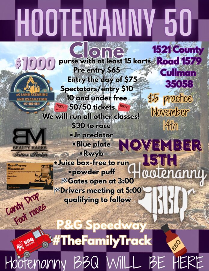 P and G Speedway is set to host the Hootenanny 50 on Nov. 15, featuring a full day of dirt kart racing, family activities and award-winning barbecue from Hootenanny BBQ. Gates will open at 3 p.m. on race day with drivers meeting at 5 p.m. with qualifying to follow. A practice day is scheduled for Nov. 14 for $5. Pre-entry cost is $65, with day-of registration costing $75. Spectator admission is $10. (P and G Speedway)