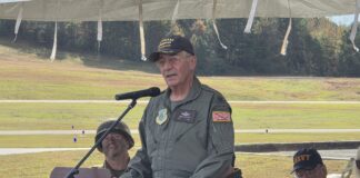 Heroism of the A-1 Skyraiders: Col. John Casper’s story highlight of Cullman Veterans Day Celebration Retired U.S. Air Force Col. John Casper speaks at the Cullman Veterans Day Celebration on Saturday, Nov. 1, 2025. (Gauge Day/The Cullman Tribune)