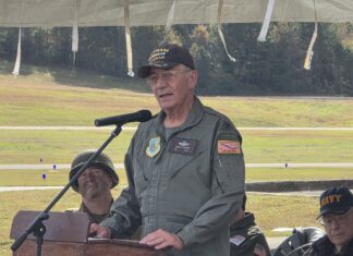 Heroism of the A-1 Skyraiders: Col. John Casper’s story highlight of Cullman Veterans Day Celebration Retired U.S. Air Force Col. John Casper speaks at the Cullman Veterans Day Celebration on Saturday, Nov. 1, 2025. (Gauge Day/The Cullman Tribune)