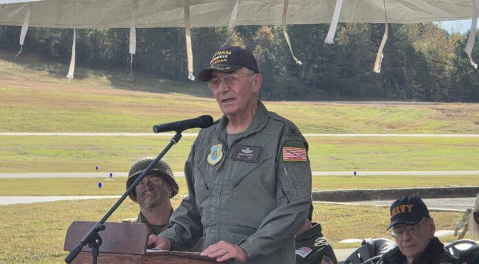 Heroism of the A-1 Skyraiders: Col. John Casper’s story highlight of Cullman Veterans Day Celebration Retired U.S. Air Force Col. John Casper speaks at the Cullman Veterans Day Celebration on Saturday, Nov. 1, 2025. (Gauge Day/The Cullman Tribune)