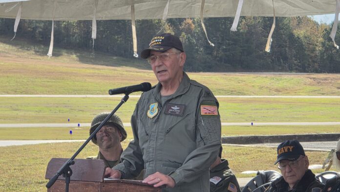 Retired U.S. Air Force Col. John Casper speaks at the Cullman Veterans Day Celebration on Saturday, Nov. 1, 2025. (Gauge Day/The Cullman Tribune)