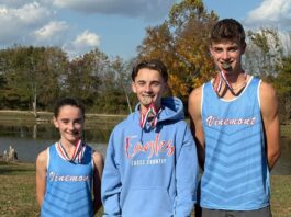 PREP CROSS COUNTRY: Vinemont makes school history at AHSAA State Championship Vinemont High School’s Cross Country team made school history at the 2025 AHSAA 3A State Championship Nov. 8, bringing home multiple All-State honors and record-breaking performances. Left to right are Aurellia Powell, Anakin Powell and Brady Johnson. (April Powell)