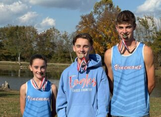 PREP CROSS COUNTRY: Vinemont makes school history at AHSAA State Championship Vinemont High School’s Cross Country team made school history at the 2025 AHSAA 3A State Championship Nov. 8, bringing home multiple All-State honors and record-breaking performances. Left to right are Aurellia Powell, Anakin Powell and Brady Johnson. (April Powell)