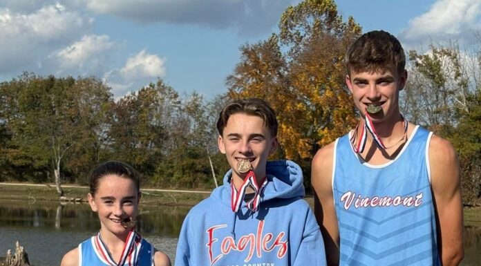 PREP CROSS COUNTRY: Vinemont makes school history at AHSAA State Championship Vinemont High School’s Cross Country team made school history at the 2025 AHSAA 3A State Championship Nov. 8, bringing home multiple All-State honors and record-breaking performances. Left to right are Aurellia Powell, Anakin Powell and Brady Johnson. (April Powell)