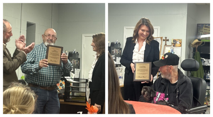(Left) Outgoing Mayor Gerald Schafer receives a recognition plaque. (Right) Outgoing Councilmember Frankie Jones receives a recognition plaque. (Anabelle Howze/The Cullman Tribune)