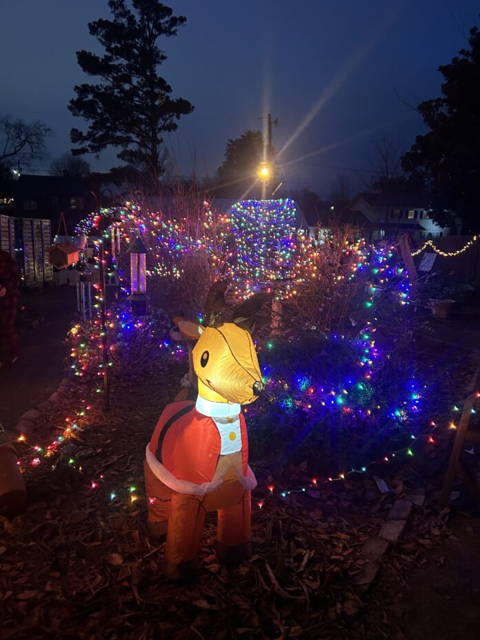 1 A reindeer inflatable and lights are seen in the East Elementary School outdoor classroom. The school’s Garden Club hosted a Christmas celebration on Dec. 5, 2025. (Anabelle Howze/The Cullman Tribune)