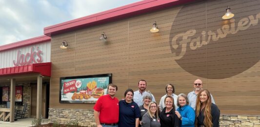 AMRV celebrates grand opening of Jack’s in Fairview Left to right are Grissom Mayfield, Kaitlyn Owen, Rep. Heath Allbright, Jennifer Campbell, Whitney Manderson, Renona Seibert, Sherry Clough, Lynn Mullins, Clint Haynes and Karmen Baker. (AMRV RC&D)